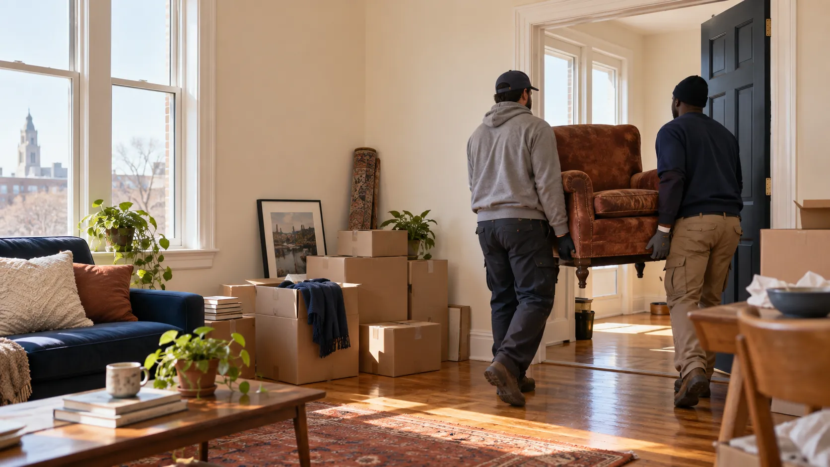 Workers carrying an armchair through an apartment during a cleanout
